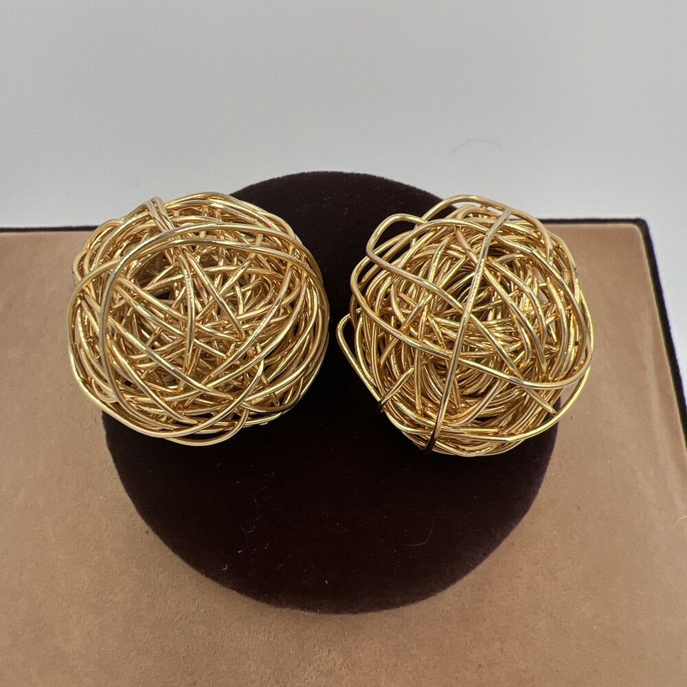 Rare Vintage Gold Plated Wire Bird Nest ClipOn Earrings Large Geometric Art Deco